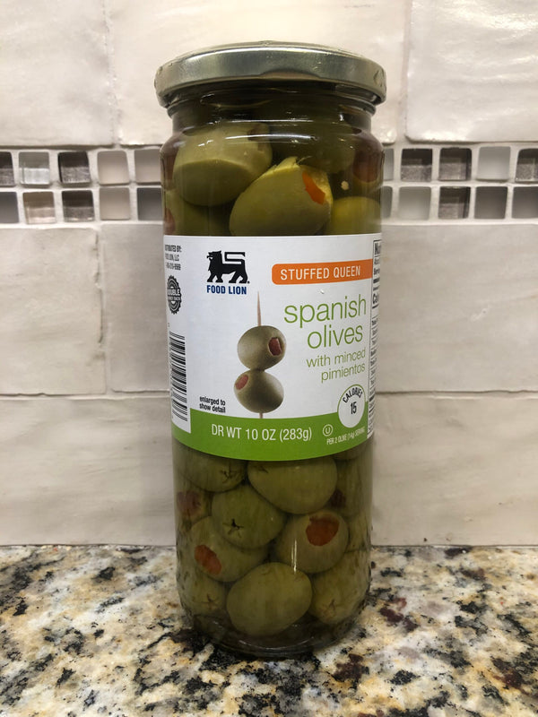 Food Lion Stuffed Manzanilla Queen Spanish Olives w/ Minced Pimientos 10 oz. Jar