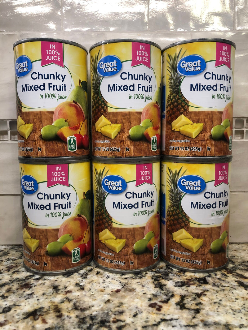 6 CANS Great Value Chunky Mixed Fruit in 100% Juice 15 oz can peach