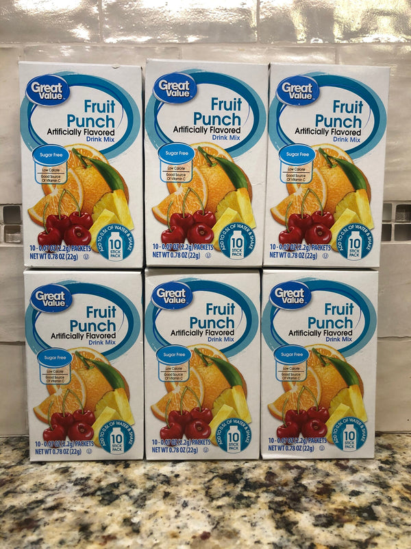 6 Boxes Great Value Fruit Punch Drink Mix .77 oz 10 Ct Sugar Free Juice Kool Aid