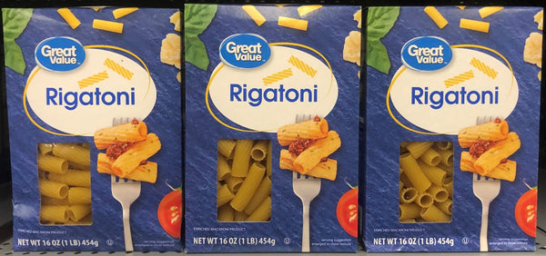 3 BOXES Great Value Rigatoni Pasta 16 oz Enriched Macaroni Cylinders