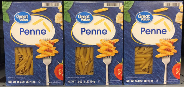 3 BOXES Great Value Penne Pasta 16 oz Enriched Macaroni Cylinders