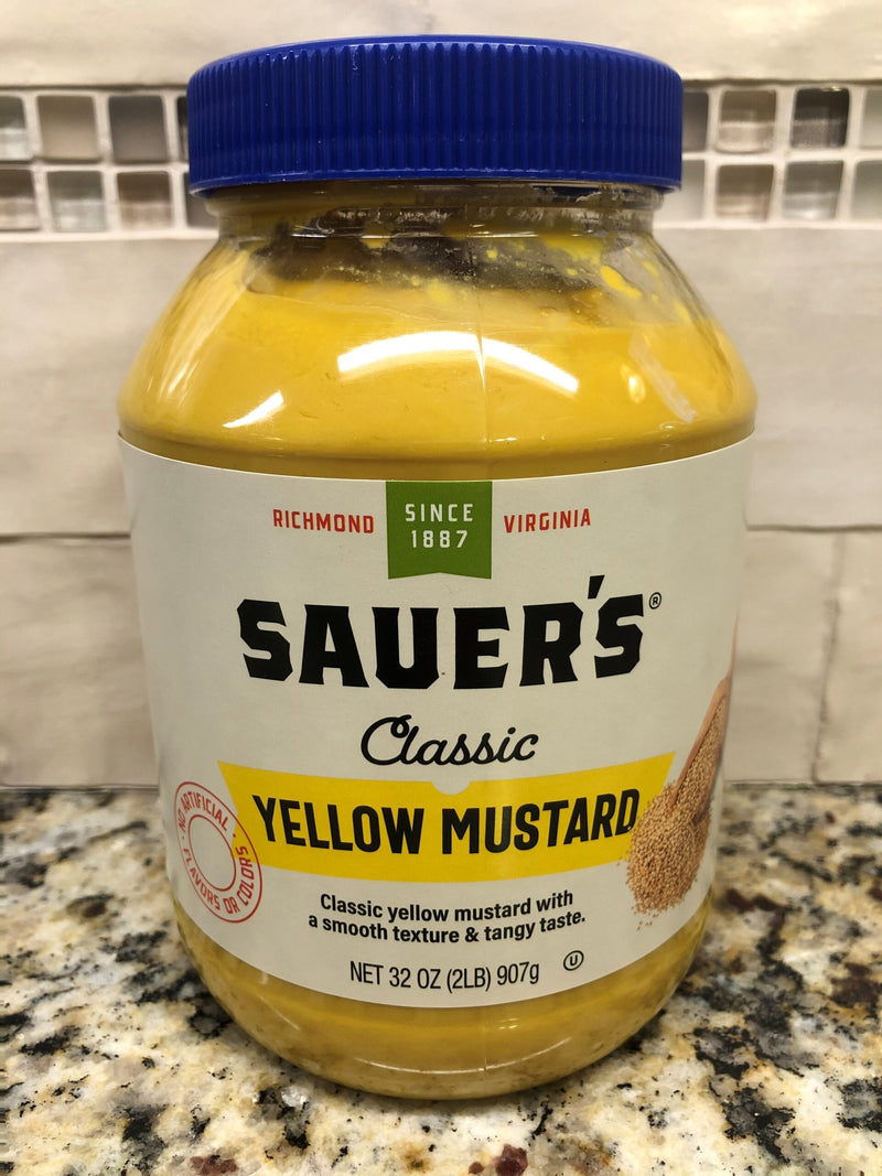 Jar of Sauer's Classic Yellow Mustard 32 Oz Chicken Hamburger Bottle