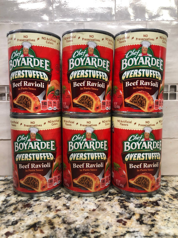 6 CANS Chef Boyardee OVERSTUFFED Beef Ravioli in Tomato Sauce Pasta 15 Oz