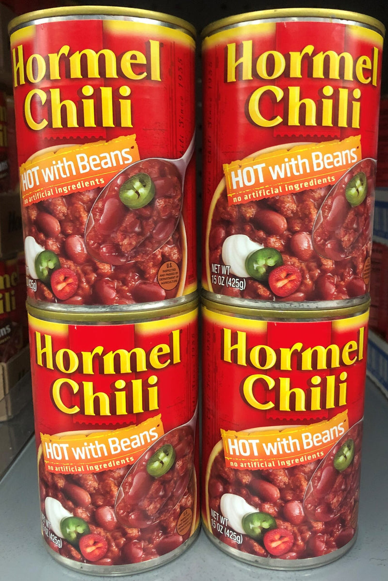 4 CANS Hormel Chili HOT with Beans 15 oz Hamburger Sauce Hot Dog Dip Bowl