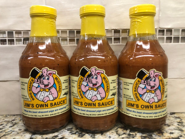 3 BOTTLES Jim’s Own MUSTARD Bar-B-Q Sauce 16oz BBQ Barbecue Pork Beef NC