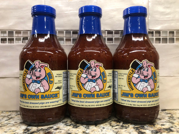 3 BOTTLES Jim’s Own MILD Bar-B-Q Sauce 16oz BBQ Barbecue Pork Beef NC