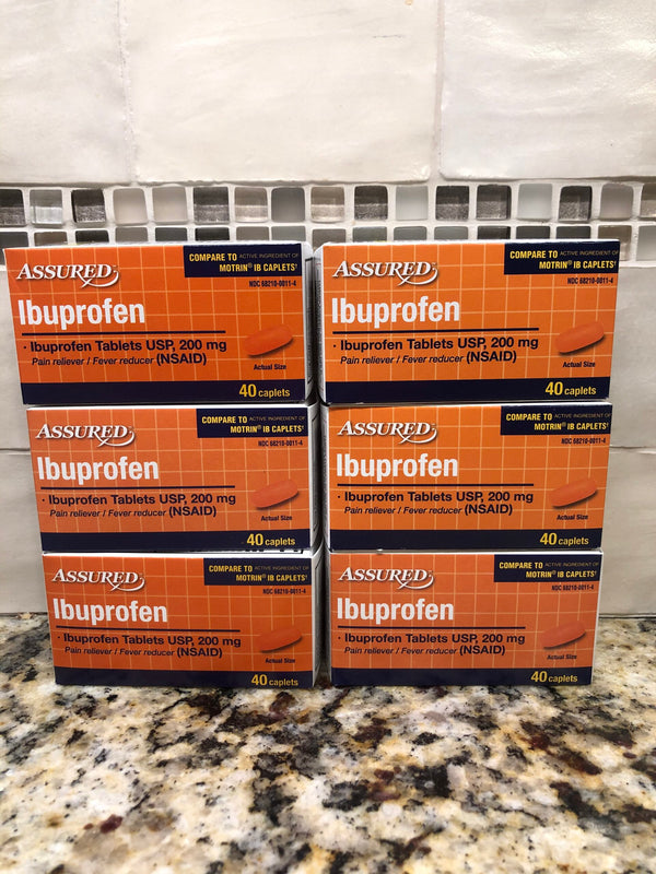 6 Bottles Assured Ibuprofen Caplets 200 mg Pain Reliever Fever 40 Ct Motrin