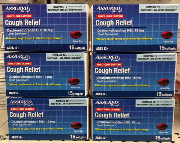 6 Bottles  Assured Adult Long Lasting Cough Relief DXM 15 ct softgels Robitussin