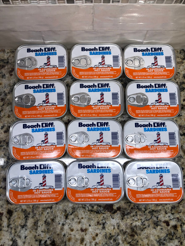 12 CANS Beach Cliff Sardines in Louisiana Hot Sauce Wild Caught 3.75 Oz can Fish