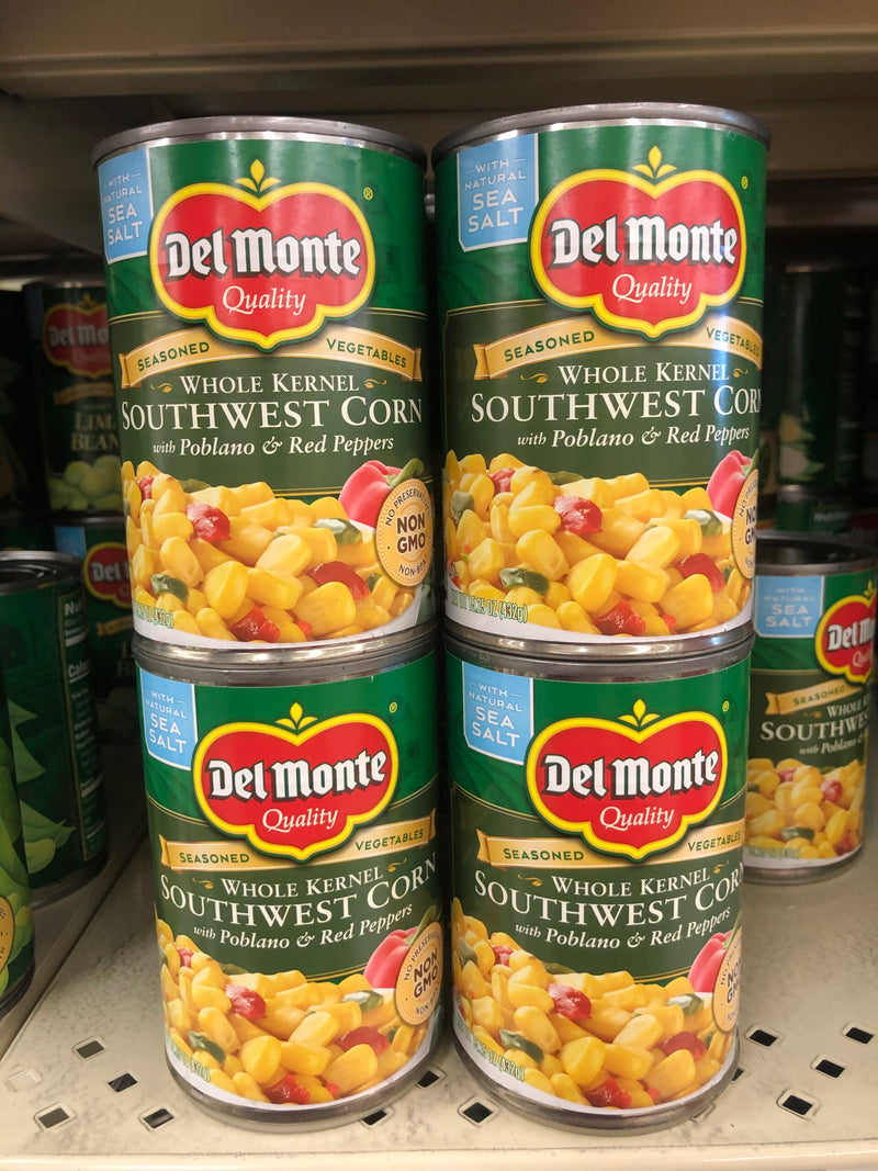 4 CANS Del Monte Whole Kernel Corn Southwest Pablano Red Peppers 15.25 oz Can