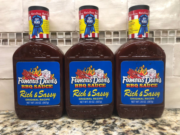 3 BOTTLES Famous Dave's Rich & Sassy BBQ Sauce 20oz Barbecue Pork Chicken Beef