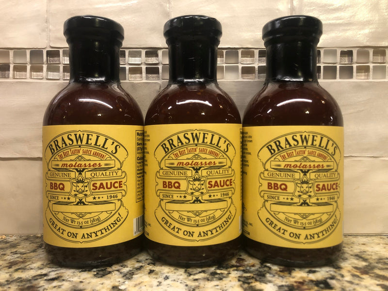 3 BOTTLES Braswells Barbecue Sweet Molasses BBQ & Dipping Sauce 13.5 oz Pork