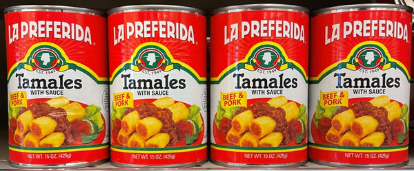 4 CANS La Preferida Tamales Beef & Pork With Sauce 15 Oz Can Corn Meal