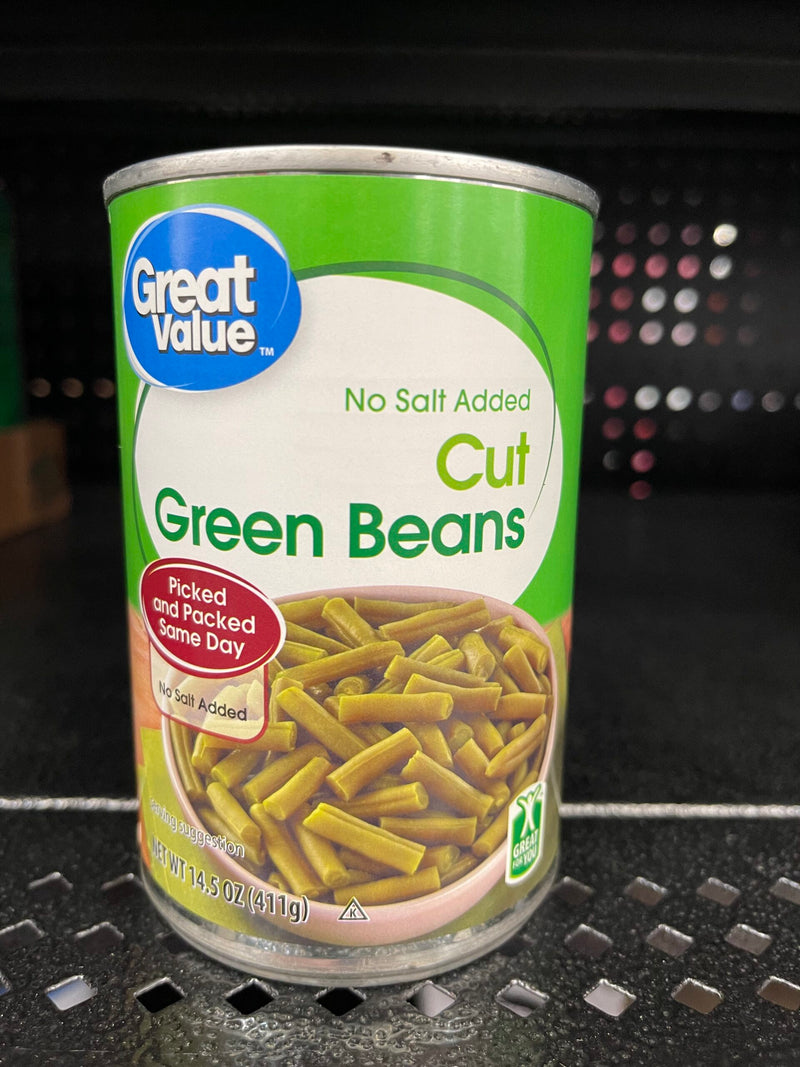 6 CANS Great Value No Salt Added Cut Green Beans 14.5 oz Can String