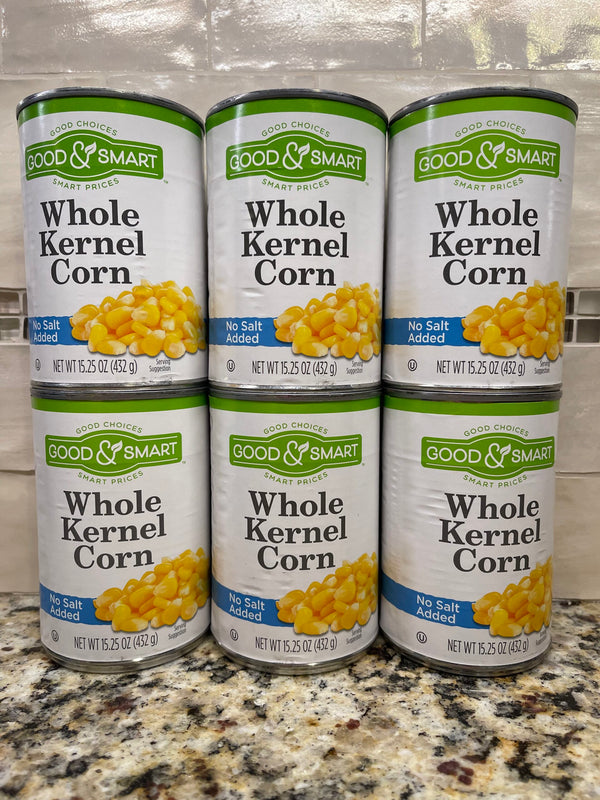 6 CANS Good & Smart Whole Kernel Corn No Salt Added 15.25 oz Can Vegetable