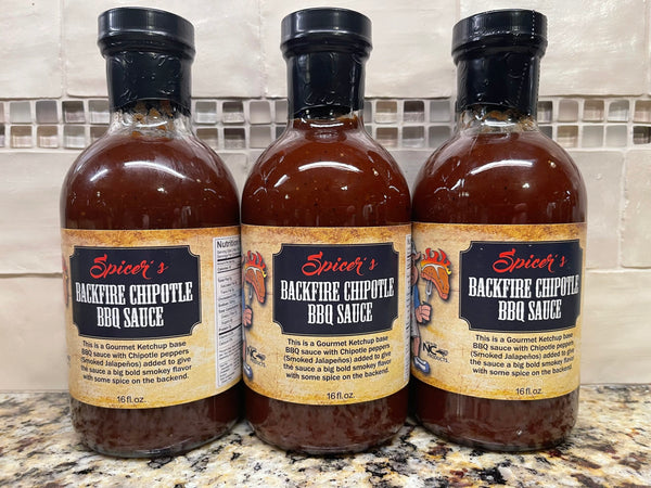 3 BOTTLES Spicer's Sauces Backfire Chipotle BBQ Sauce 16 oz Barbecue Pepper