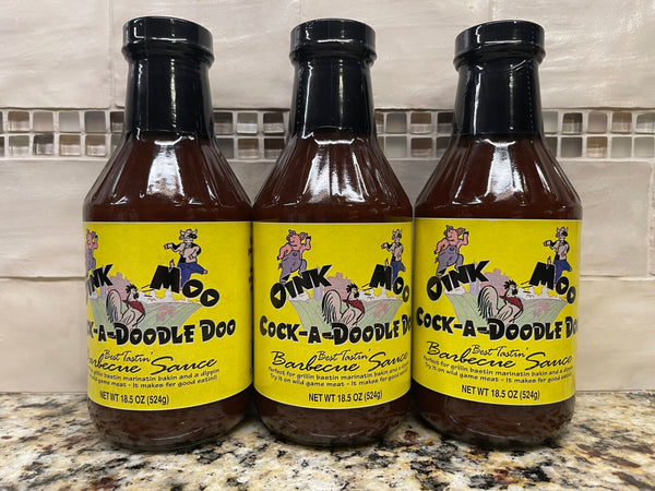 3 BOTTLES Oink Moo Cock-A-Doodle Doo Barbecue Sauce 18.5 oz BBQ