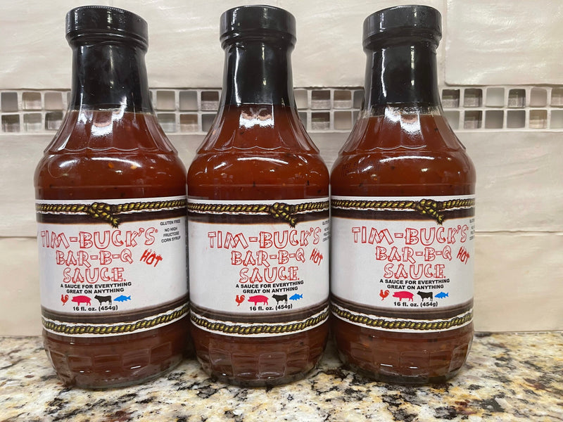 3 BOTTLES Tim Bucks HOT Bar-B-Q Barbecue Sauce 16 oz BBQ Pork