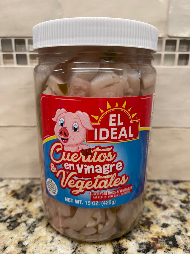 2 JARS El Ideal Cueritos and Vegetables en vinagre Pickled Pork Skins 15 oz Pig's Rinds