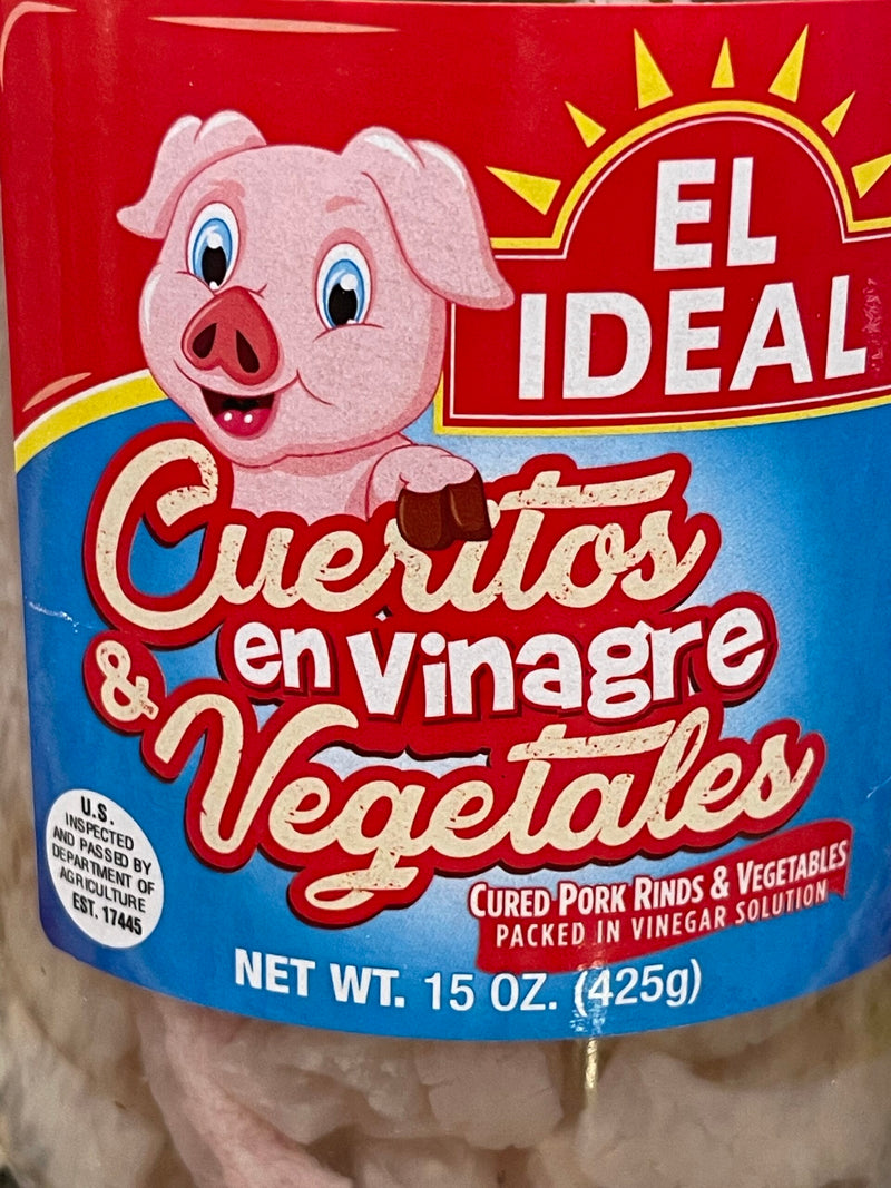 2 JARS El Ideal Cueritos and Vegetables en vinagre Pickled Pork Skins 15 oz Pig's Rinds