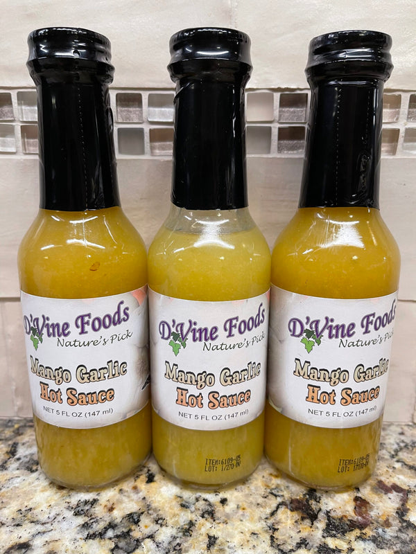 3 BOTTLES D'Vine Foods Mango Garlic Hot Sauce 5 oz Pork BBQ Pepper