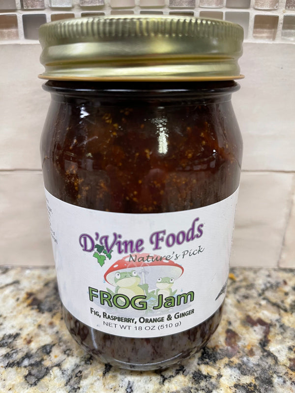 D'vine Foods FROG Jam 18 oz Jar Fig Raspberry Orange Ginger Jelly Juice