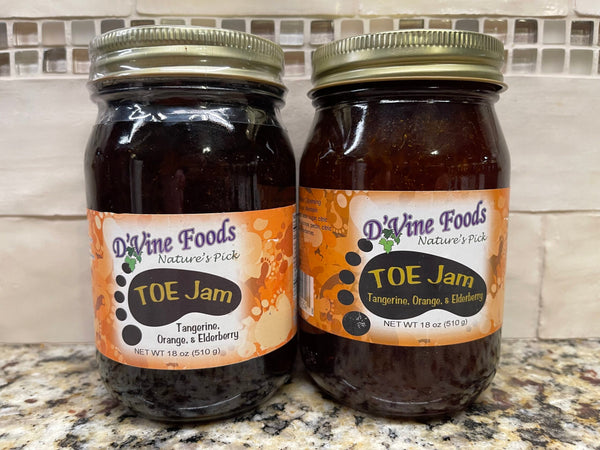 2 Jars D'vine Foods TOE Jam 18 oz Jar Tangerine Orange Elderberry Jelly