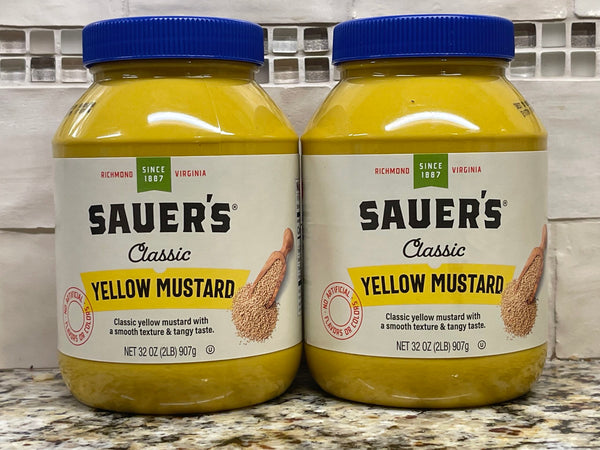 2 Jars of Sauer's Classic Yellow Mustard 32 Oz Sauce BBQ Hamburger Bottle