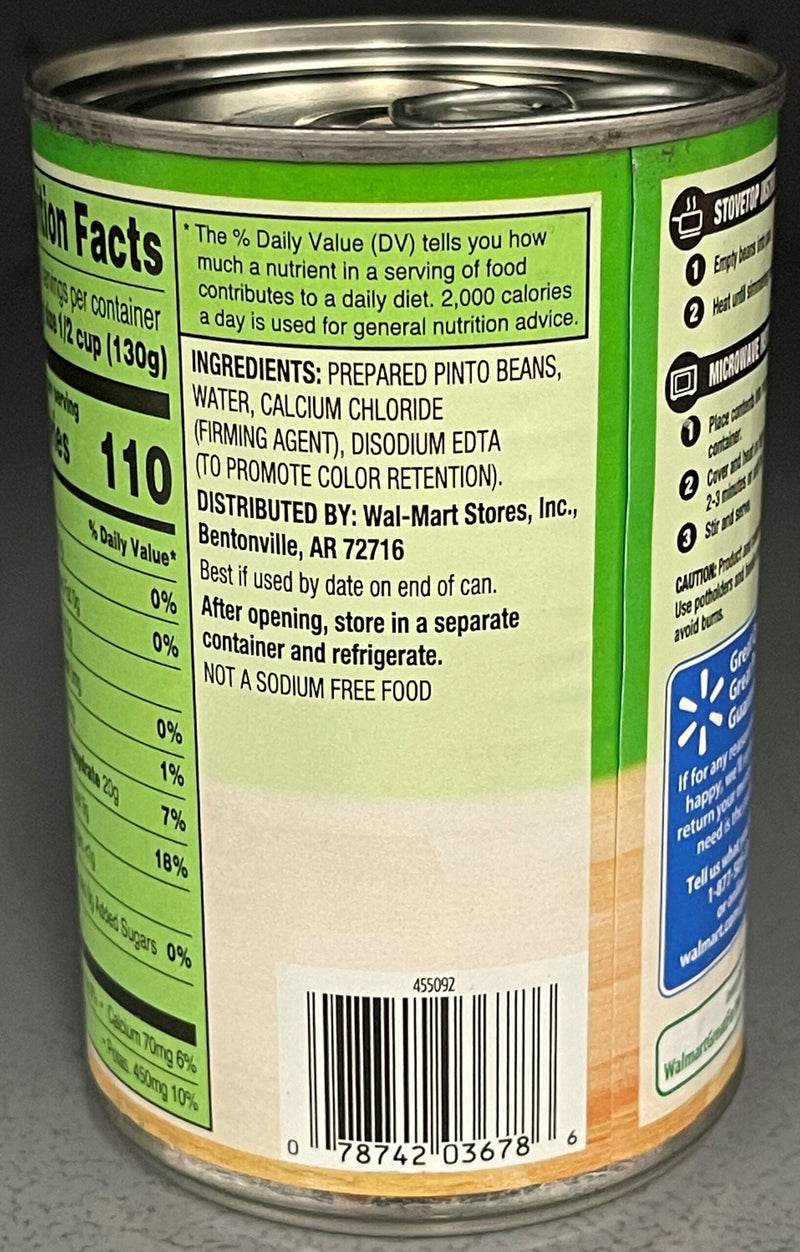 6 CANS Great Value No Salt Added Pinto Beans 15.5 oz Can Frijoles Soup