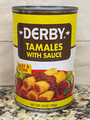 4 CANS Derby Canned Tamales Beef & Pork With Sauce 15 Oz Can Corn Meal