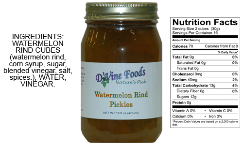 D'vine Foods Watermelon Rind Pickles 16 oz Jar Pickled Snack Salad Dill