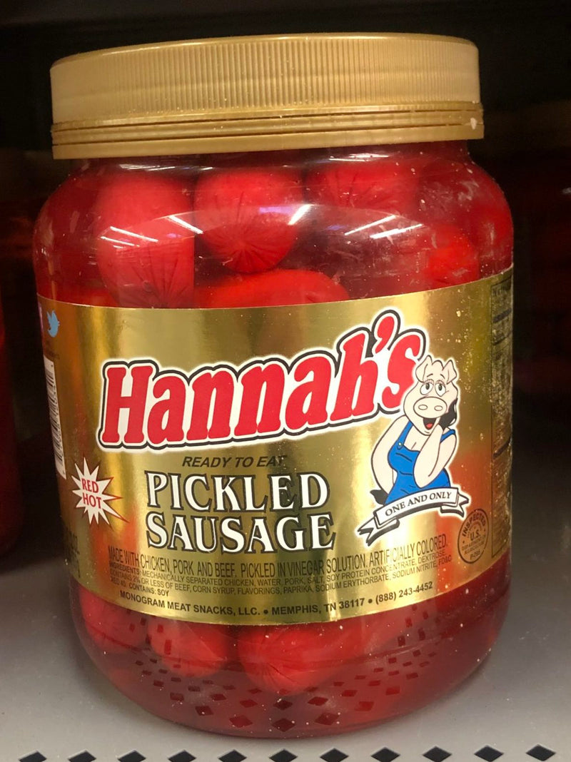 1 Quart Jar of Hannah Pickled Pork Sausage Red Hots Meat Snack Wieners