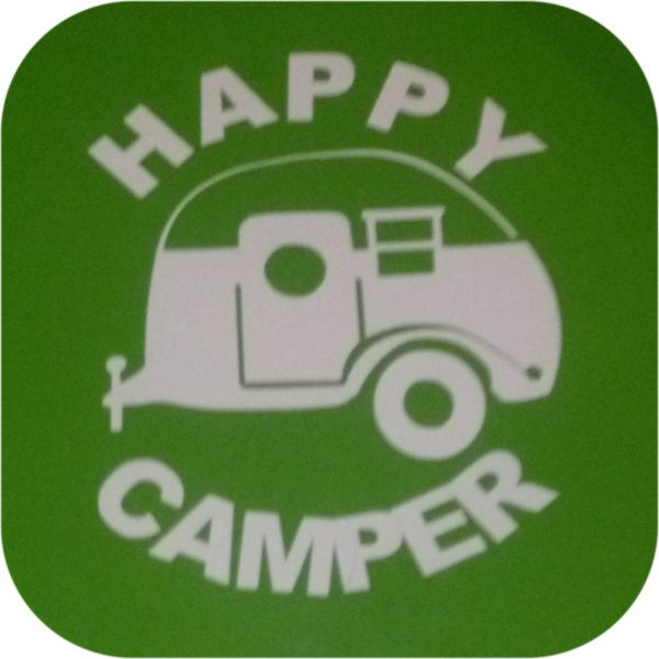 Happy Camper Vinyl Sticker Travel Trailer Shasta Terry Scotty Summerland KZ Can-0